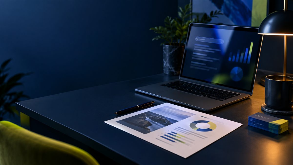 A laptop, business cards and an analytics report on a desk